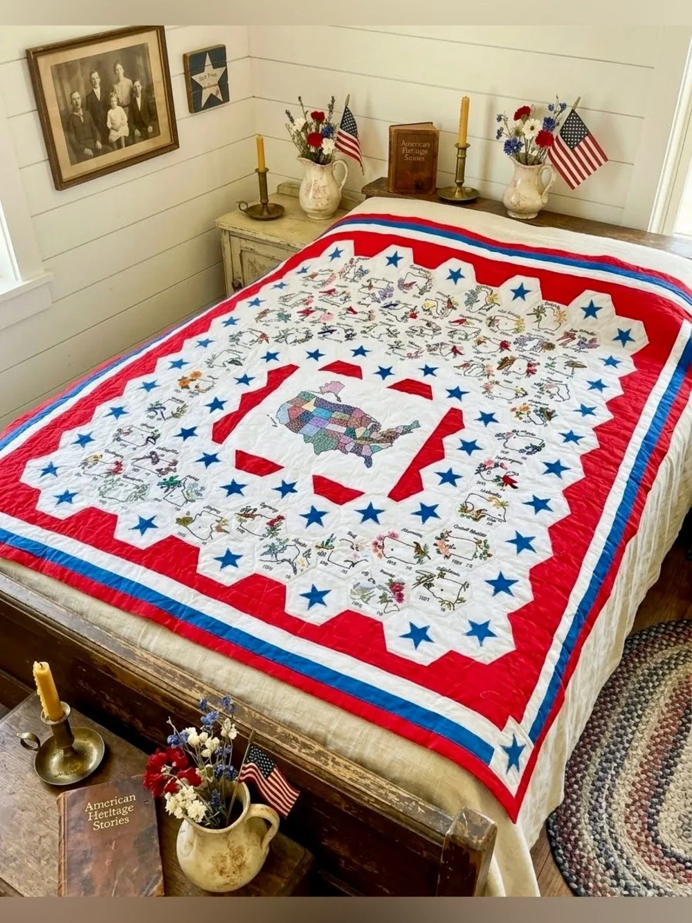 Rare Hand Stitched Patriotic Americana USA Map Quilt 98